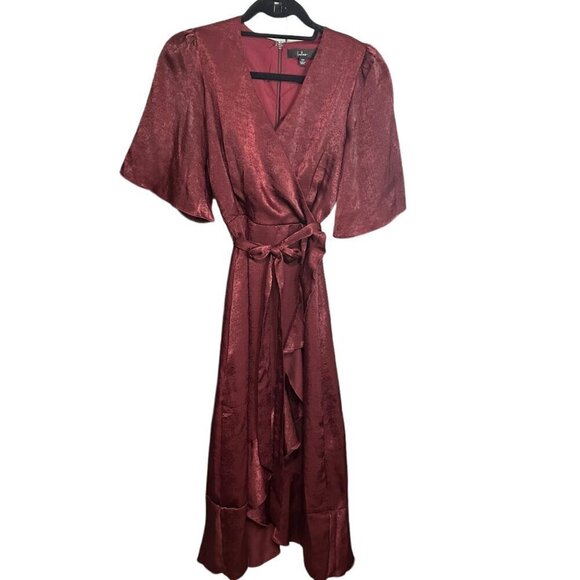 Lulus‎ Dress Wrapped in Love Burgundy Satin Faux Wrap Angel Sleeves & Belt XS - Picture 2 of 9